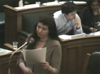 Jess giving a statement at the Camden Council meeting