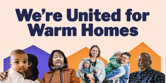 Cover image for the united for warm homes campaign. Test says 'we're united for warm homes' with 5 people underneath